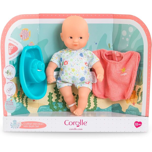 Corolle Mini Poupon 20 cm Mini-Badebox mit Umhang und schwimmendem Spielzeug