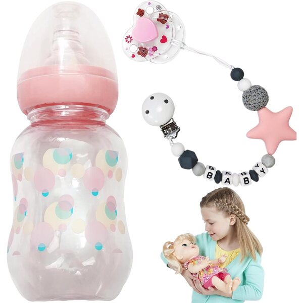 3-teiliges Puppenfütterungszubehör-Set: Flasche, magnetischer Schnuller und Kette