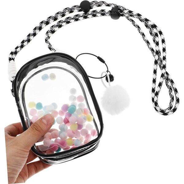 Alasum Borsa Trasparente Per Bambole con Tracolla e Pom Pon 13,5x9,5x5,5 cm Nero