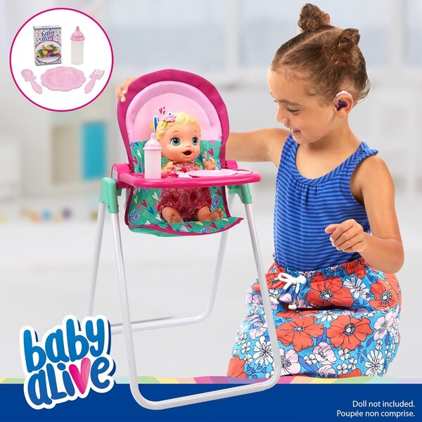 Baby Alive Puppenhochstuhl-Set mit 5 Zubehörteilen, Grün und Rosa, für Puppen bis 61 cm