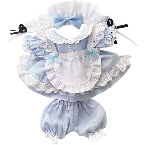 Niannyyhouse 15 cm großes Plüschpuppen-Kleidungsset mit blauem Kopfschmuck und Schürze