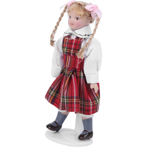 Syrisora Bambola Miniatura 1:12 in Ceramica con Vestito Rosso e Treccia Lunga 11 cm