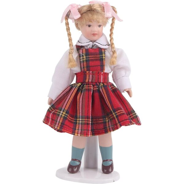 Syrisora Bambola Miniatura 1:12 in Ceramica con Vestito Rosso e Treccia Lunga 11 cm