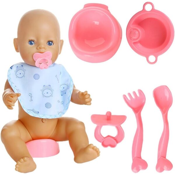Set 5 pezzi stoviglie finte Uterui per casa delle bambole: ciuccio, piatti, forchetta e cucchiaio