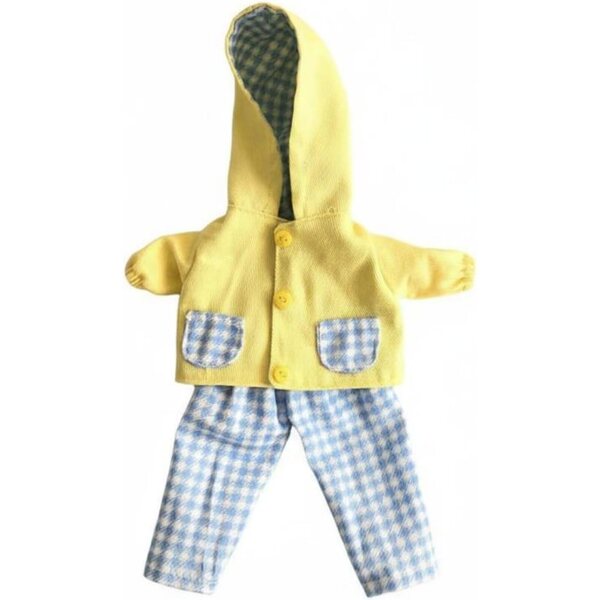Completo BJD per Bambola 26 cm Giacca Gialla con Cappuccio e Pantaloni a Quadri Blu