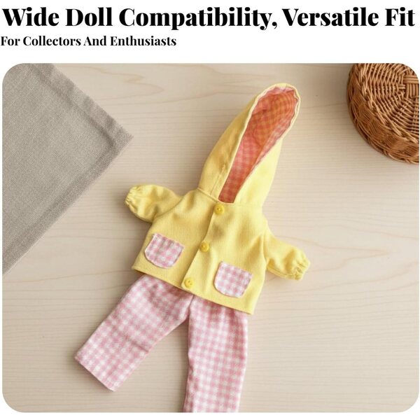 Completo BJD per Bambola 26 cm Giacca Gialla con Cappuccio e Pantaloni a Quadri Blu