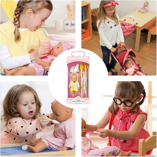 Zusammenklappbarer Puppenwagen mit Puppe und Zubehör, sicheres Spielzeug für kleine Mädchen