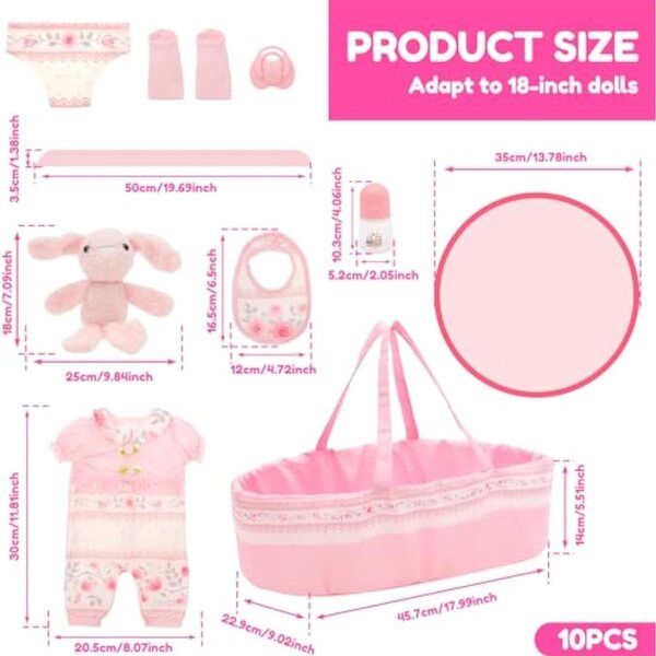 Set Accessori Baby Doll 18 Pollici con Vestiti, Borsa e Cestino Coniglio