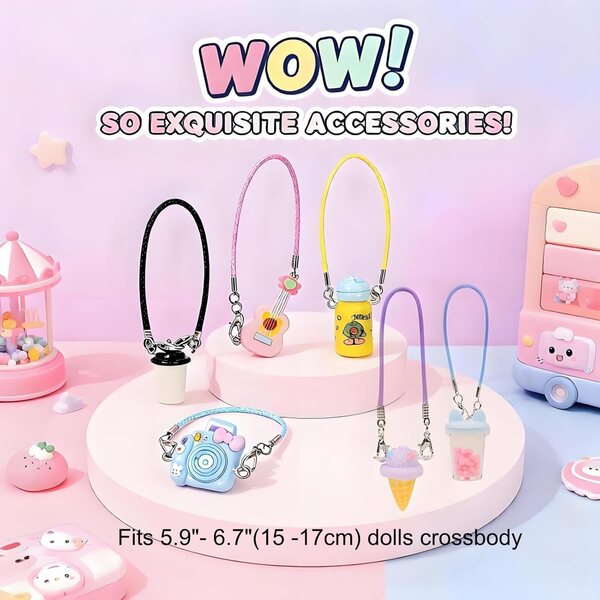 Set accessori per bambole Labubu 17 cm - 6 pezzi tazza, chitarra, fotocamera e altro