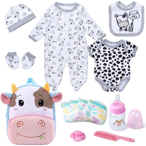 13-teiliges Set aus Kleidung und Accessoires für 17-22 Zoll große wiedergeborene Puppen mit rosa Kuhmotiv