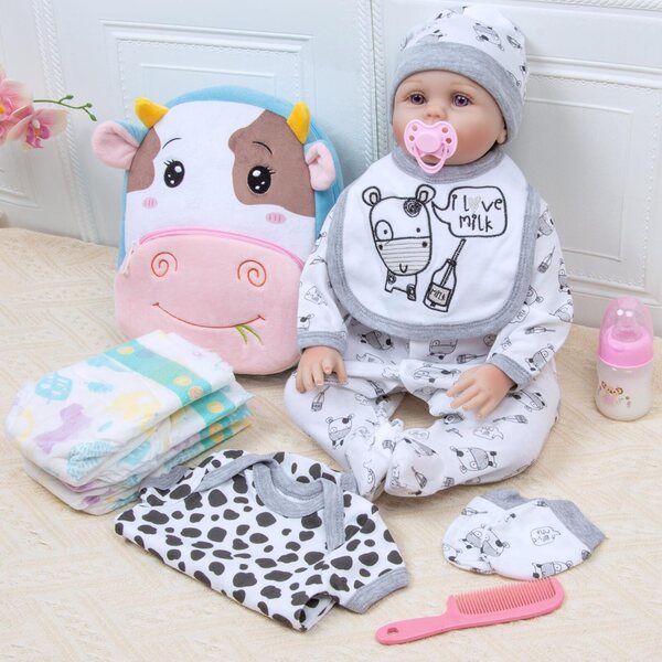 13-teiliges Set aus Kleidung und Accessoires für 17-22 Zoll große wiedergeborene Puppen mit rosa Kuhmotiv