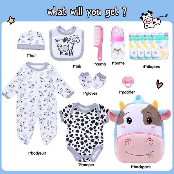 13-teiliges Set aus Kleidung und Accessoires für 17-22 Zoll große wiedergeborene Puppen mit rosa Kuhmotiv