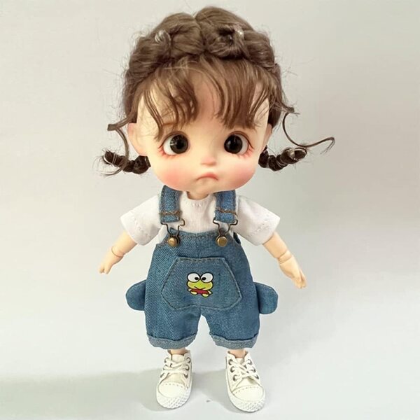 Set Vestiti Bambola 1/12 BJD Pantaloni Bretelle + T-Shirt Dark Blue per Ob11 e GSC