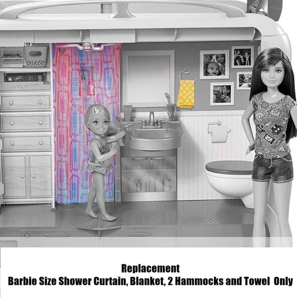 Ricambi originali Barbie Camper: tenda doccia, coperta, 2 amache e asciugamano