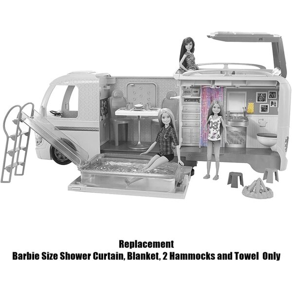 Ricambi originali Barbie Camper: tenda doccia, coperta, 2 amache e asciugamano