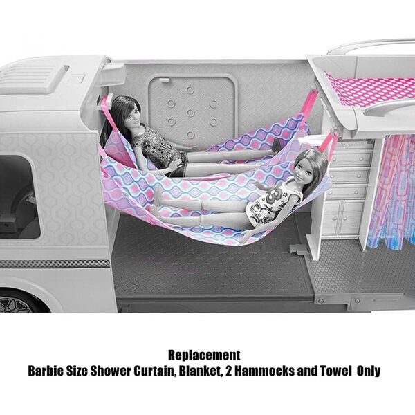 Ricambi originali Barbie Camper: tenda doccia, coperta, 2 amache e asciugamano