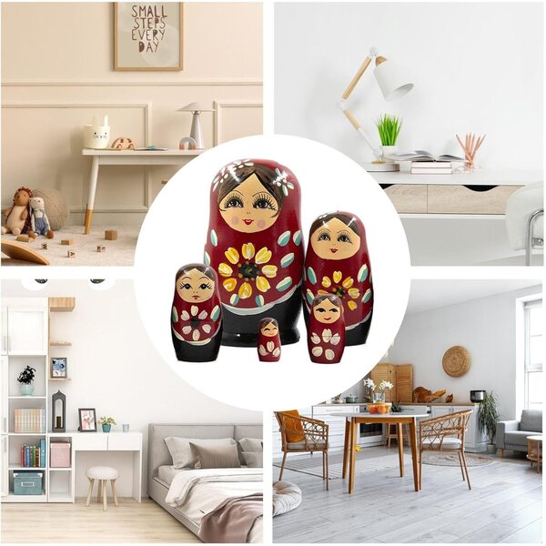 Bambole di nidificazione russe in legno dipinte a mano set 5 pezzi per decorazione casa