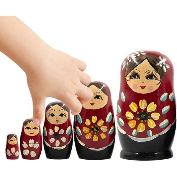 Bambole di nidificazione russe in legno dipinte a mano set 5 pezzi per decorazione casa