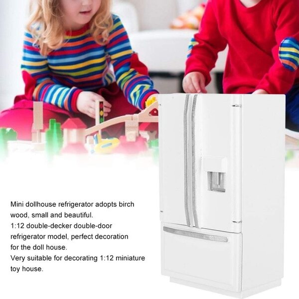 1:12 Kühlschrank aus Birkenholz mit Doppeltür und silbernem Finish für Puppenhaus