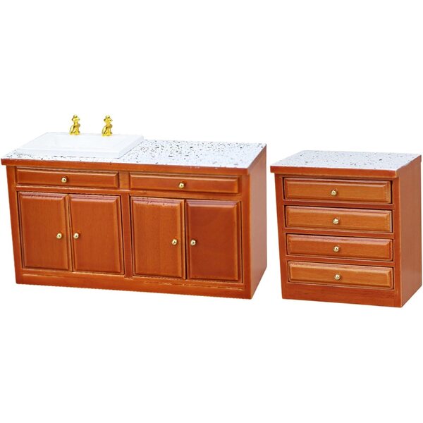 Set mobili cucina miniatura vintage scala 1/12 in legno marrone con lavello e cassetto