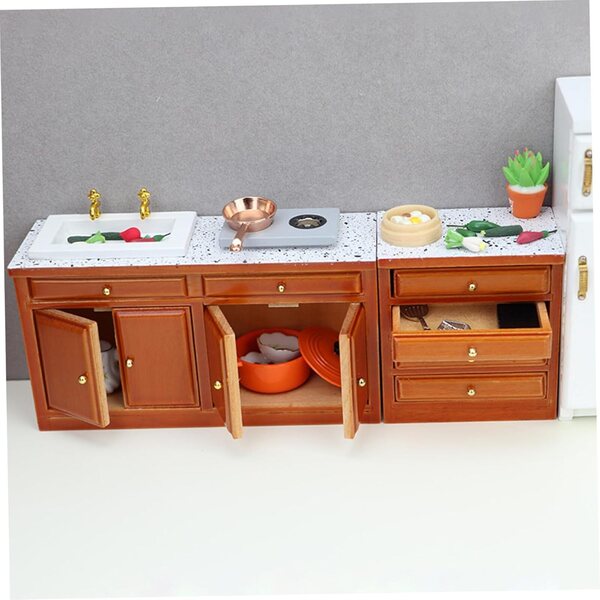 Set mobili cucina miniatura vintage scala 1/12 in legno marrone con lavello e cassetto