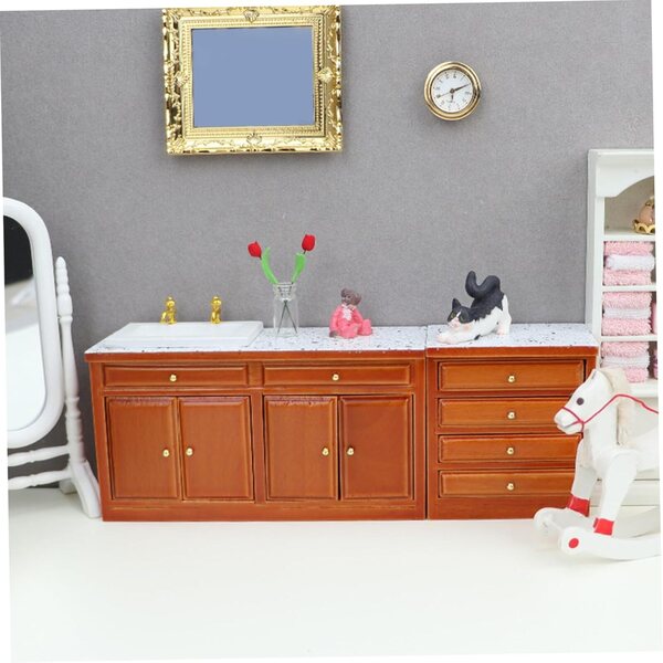 Set mobili cucina miniatura vintage scala 1/12 in legno marrone con lavello e cassetto