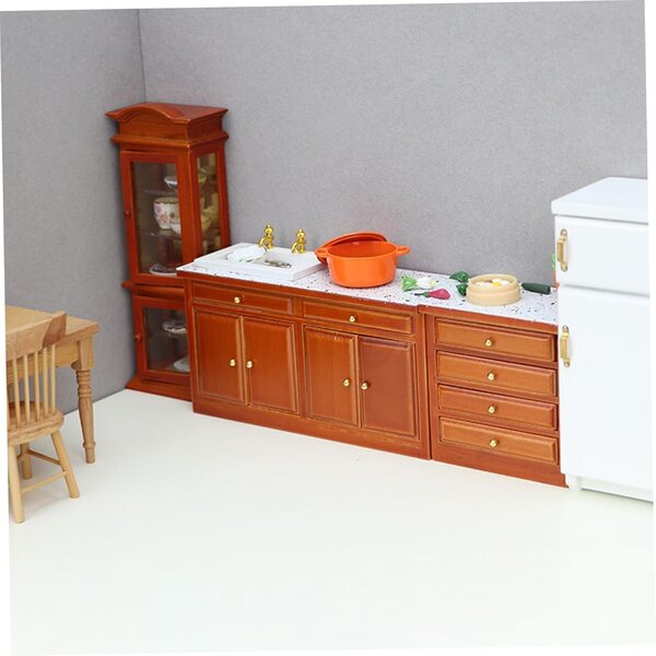 Set mobili cucina miniatura vintage scala 1/12 in legno marrone con lavello e cassetto