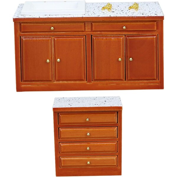 Set mobili cucina miniatura vintage scala 1/12 in legno marrone con lavello e cassetto