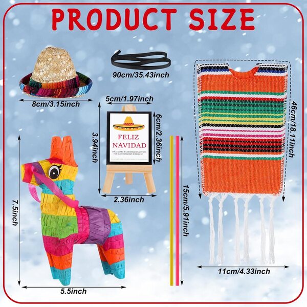 Set 8 Accessori Natalizi per Bambole Outus Mini Piñata Asino e Sombrero Messicano