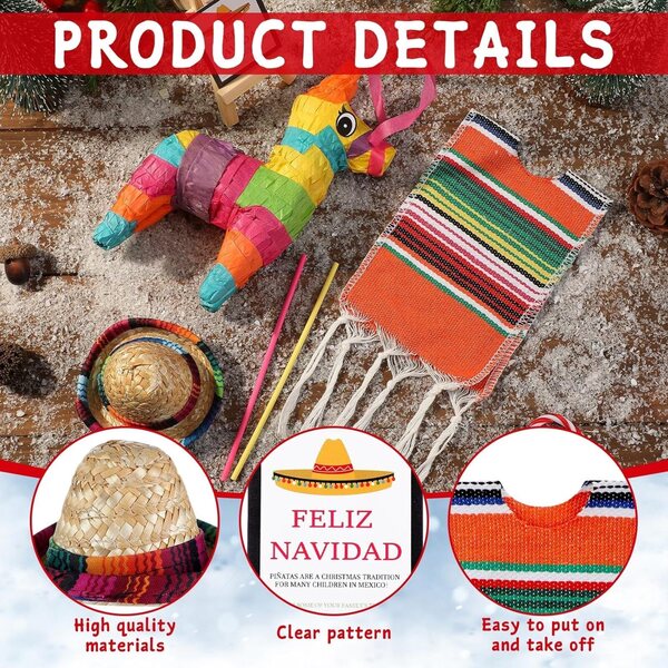 Set 8 Accessori Natalizi per Bambole Outus Mini Piñata Asino e Sombrero Messicano