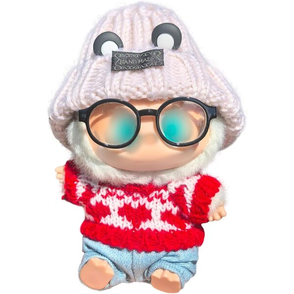 La Bubu Panda 4-teiliges Kleidungsset mit Hut, Brille, rotem Pullover und heller Jeans