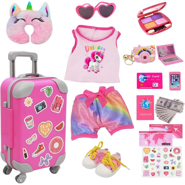 Reisezubehörset für 18-Zoll-Puppen mit Koffer, Kleidung, Schuhen und Kamera