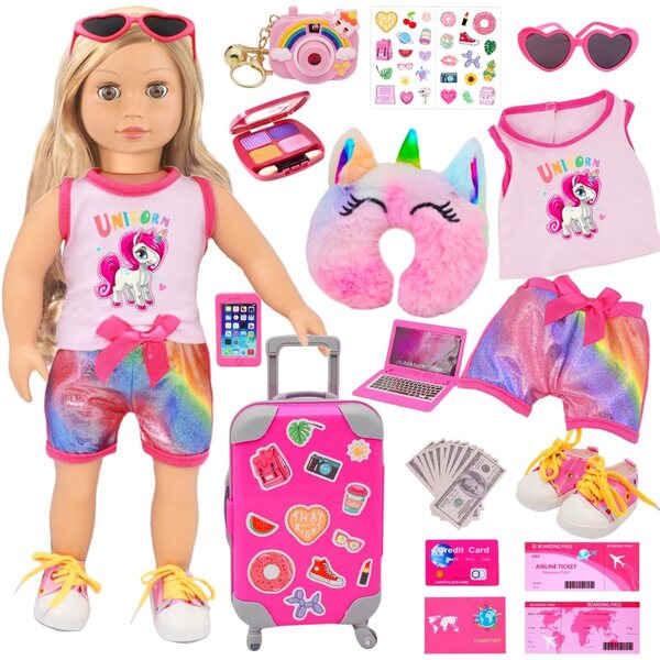 Reisezubehörset für 18-Zoll-Puppen mit Koffer, Kleidung, Schuhen und Kamera