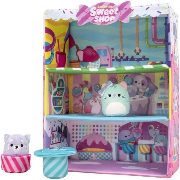 Squishville Sweet Shop-Set mit Priya, dem lila Panda, und Tres'zure, der blaugrünen Katze