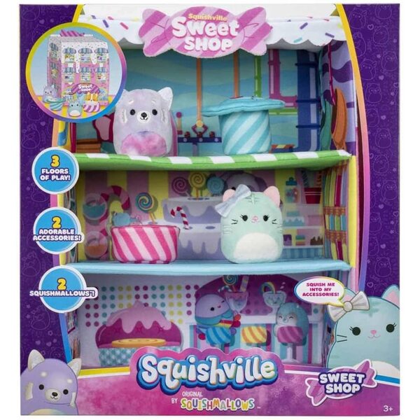Squishville Sweet Shop-Set mit Priya, dem lila Panda, und Tres'zure, der blaugrünen Katze