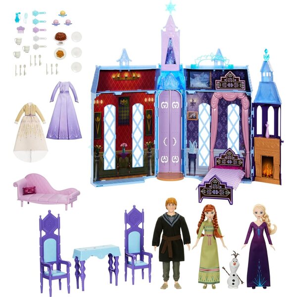Mattel Disney Frozen Puppenhaus Arendelle Castle, tragbar, mit 3 Puppen und Zubehör