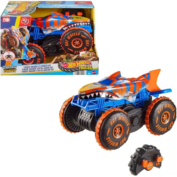 Hot Wheels Monster Truck Tiger Shark 3-in-1 zip line: tlielaq, tixbit, stunts