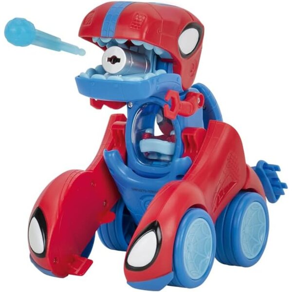 Spidey-Rex Racer Marvel 20 cm avec sons et lanceur de fléchettes en toile d'araignée