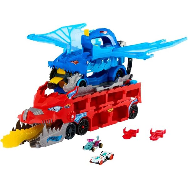 Hot Wheels City Dragon Transporter b'Attakk Doppju u 2 Karozzi Die-Cast, Skala Kbira