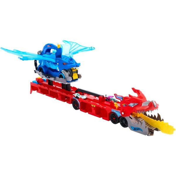 Hot Wheels City Dragon Transporter mit Doppelangriff und 2 Druckgussautos, großer Maßstab