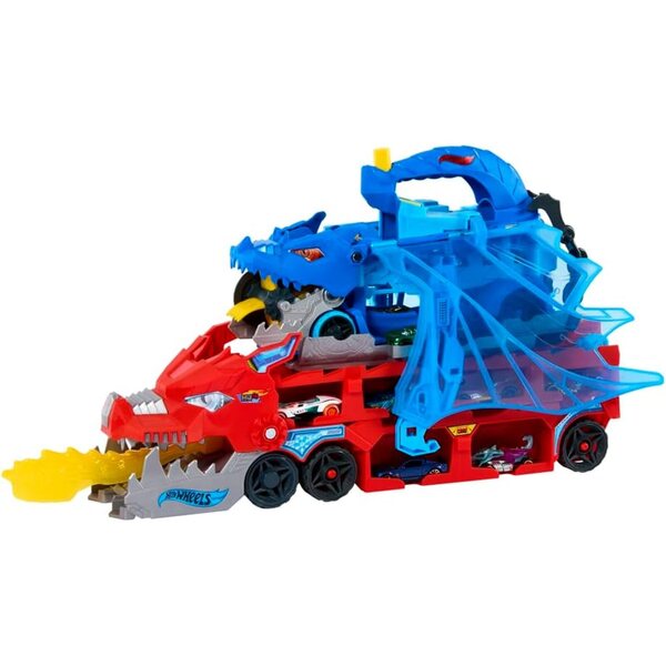 Hot Wheels City Dragon Transporter mit Doppelangriff und 2 Druckgussautos, großer Maßstab