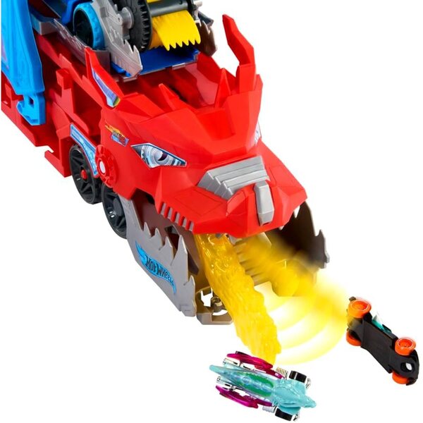 Hot Wheels City Dragon Transporter mit Doppelangriff und 2 Druckgussautos, großer Maßstab