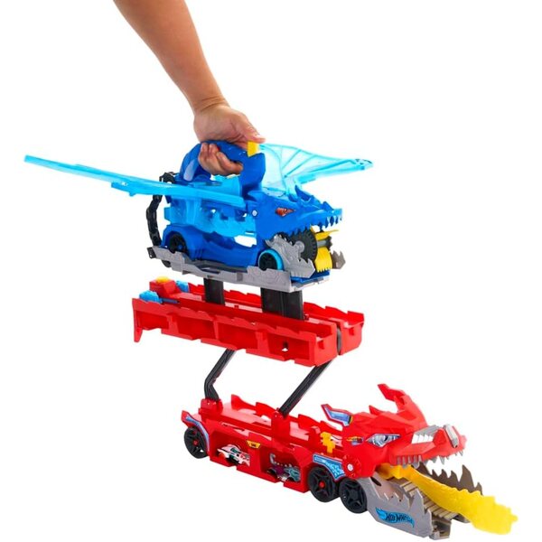 Hot Wheels City Dragon Transporter mit Doppelangriff und 2 Druckgussautos, großer Maßstab