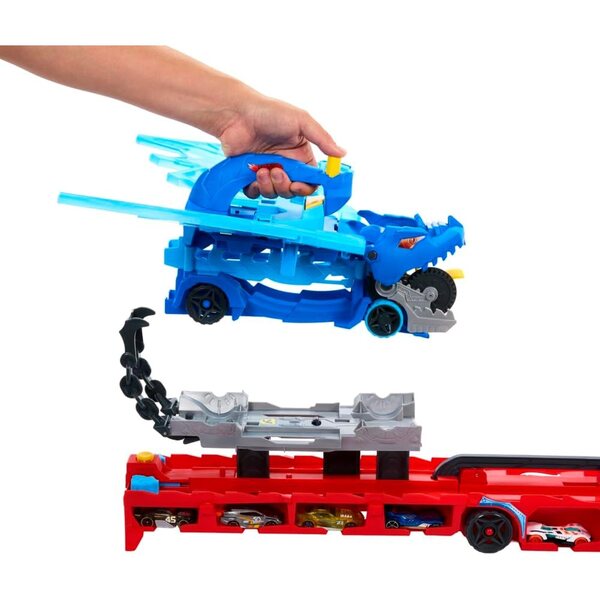 Hot Wheels City Dragon Transporter mit Doppelangriff und 2 Druckgussautos, großer Maßstab