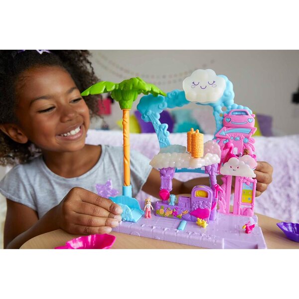 Polly Pocket Pollyville Flamingo Fun Car Wash - Jeu de lavage de voiture avec changement de couleur