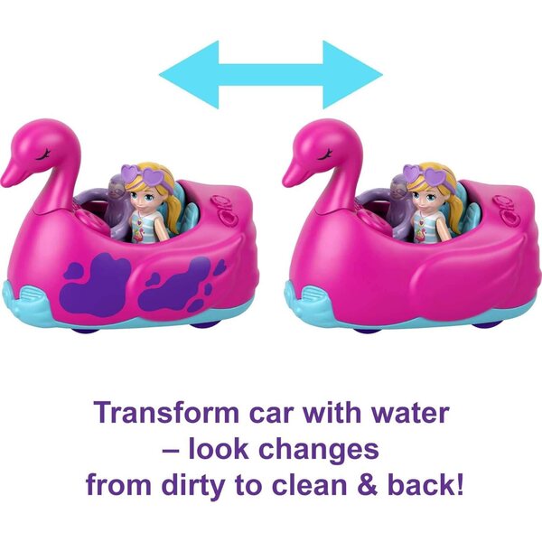Polly Pocket Pollyville Flamingo Fun Car Wash - Jeu de lavage de voiture avec changement de couleur