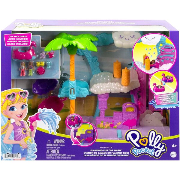 Polly Pocket Pollyville Flamingo Fun Car Wash - Jeu de lavage de voiture avec changement de couleur