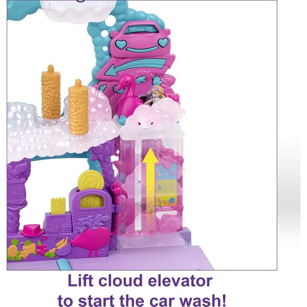 Polly Pocket Pollyville Flamingo Fun Car Wash - Jeu de lavage de voiture avec changement de couleur