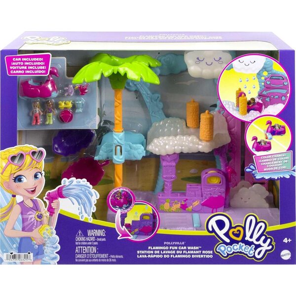 Polly Pocket Pollyville Flamingo Fun Car Wash - Jeu de lavage de voiture avec changement de couleur