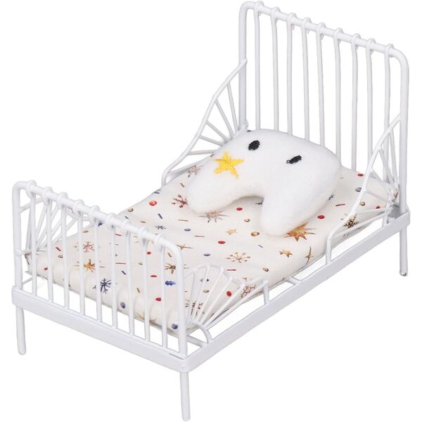 Set Letto Miniatura 1:12 Casa delle Bambole con Motivo Floreale e Struttura in Metallo